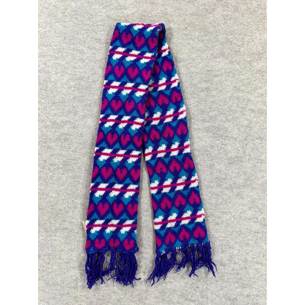 Unisex Scarf One Size Multicolor Heart Print Cozy Knitted Fringe Hem Winter